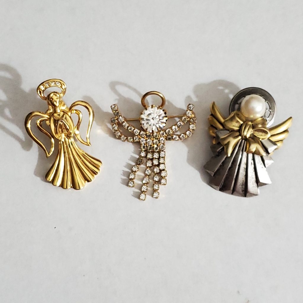 3 Angel Brooch Necklace Pendants Lot Christmas Jewelry Set Gold Silver Vintage